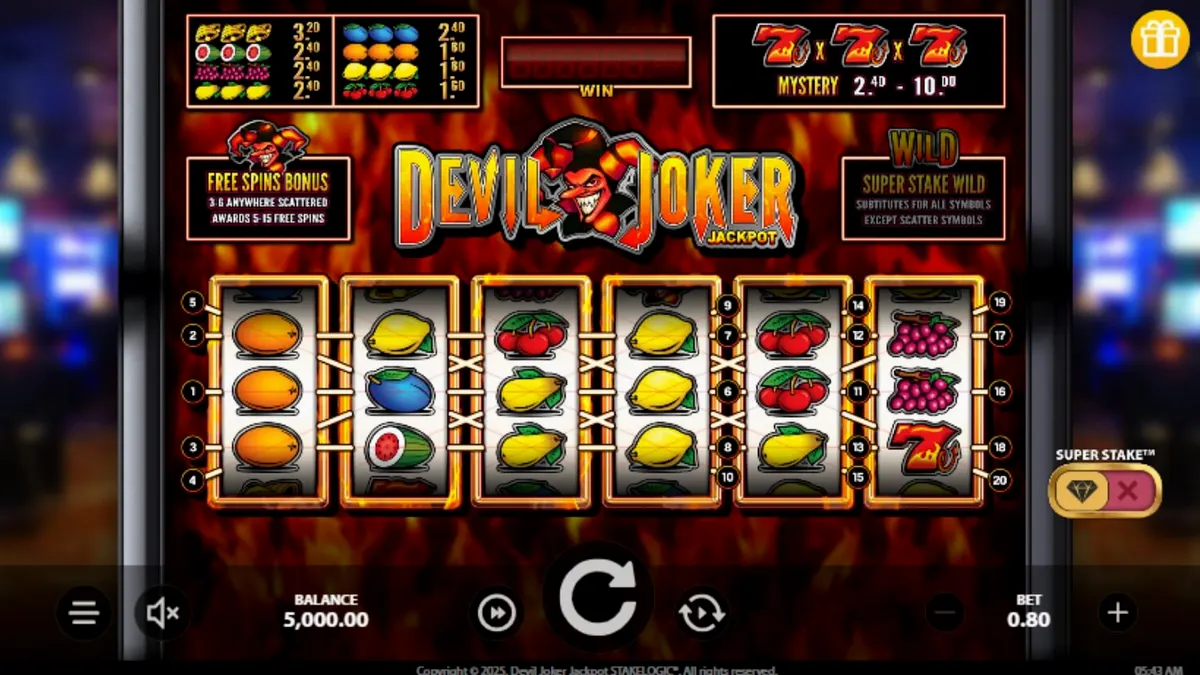 Interface do slot Devil Joker Jackpot com símbolos de frutas e o personagem Devil Joker