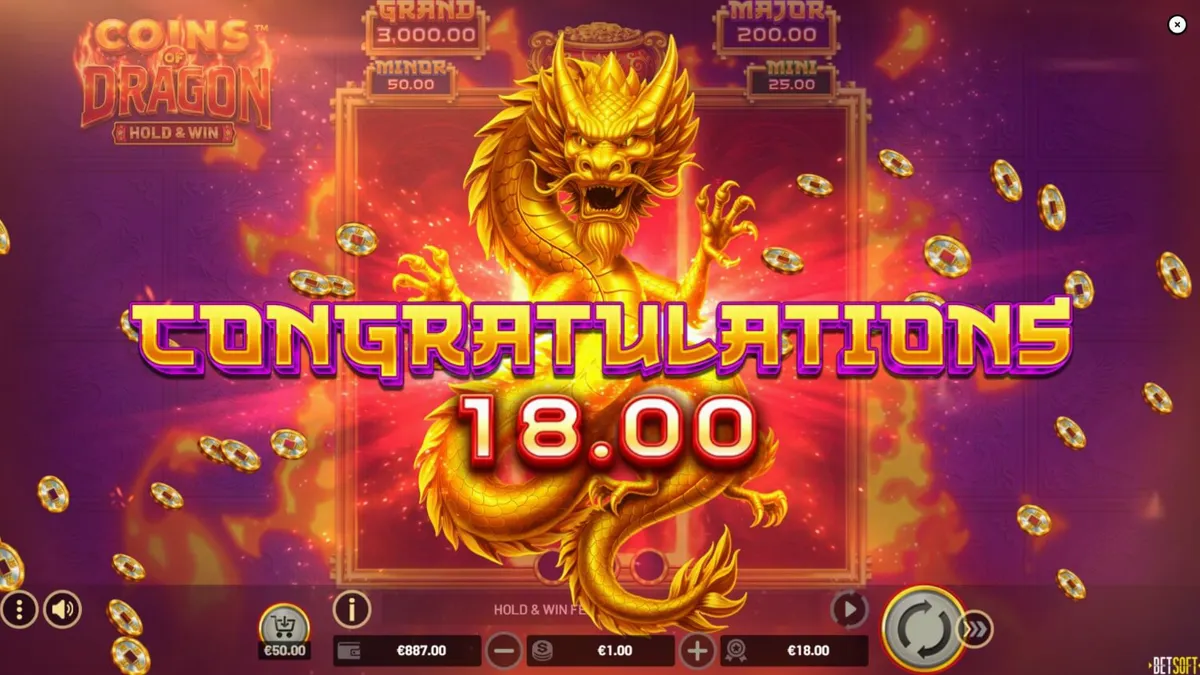 Interface visual do slot Coins of Dragon com tema oriental e dragão dourado