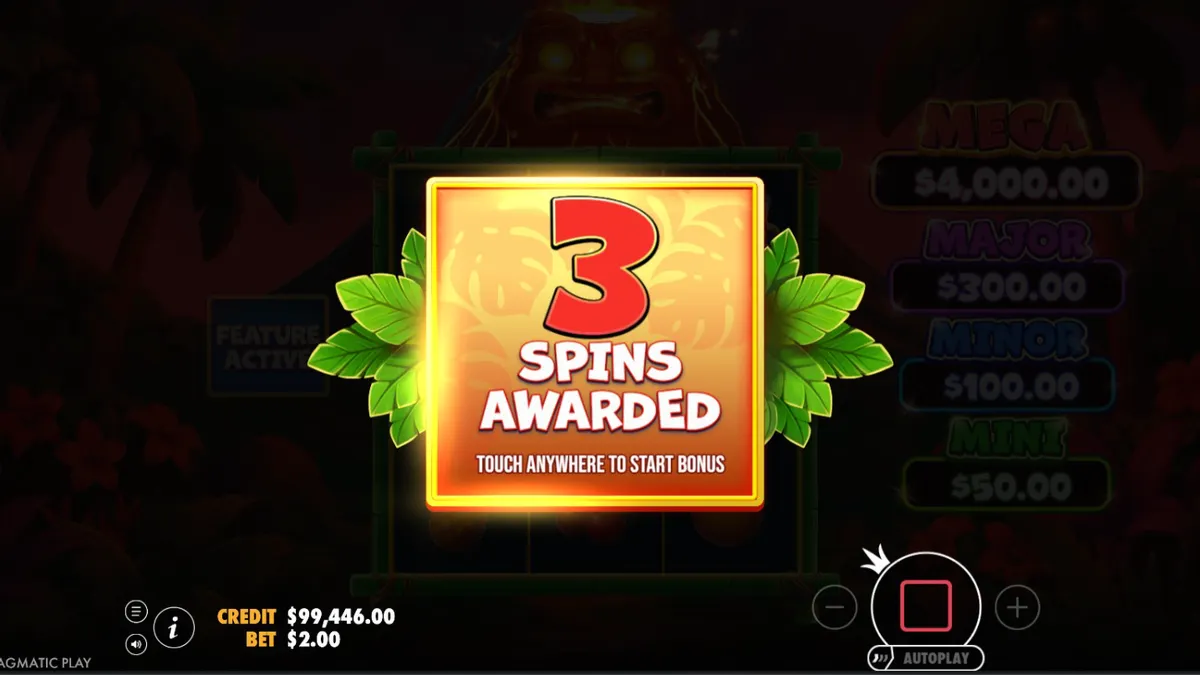 Super Tiki Strike slot machine interface featuring tropical island theme and 3x3 grid